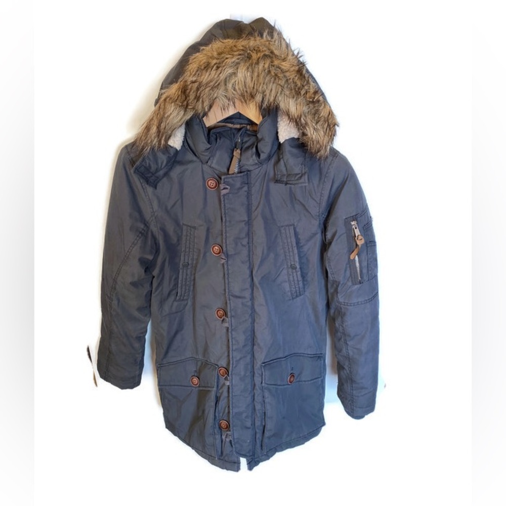 YOUTH H&M BLUE PARKA COAT JACKET QUILTED LINED FAUX FUR HOOD Size 11 - 1…